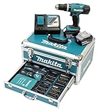 Makita DHP453RFX2 Akku-Schlagbohrschrauber 18 V / 3,0 Ah im Alukoffer + 96tlg. Zubehör-Set, Blau/Silber