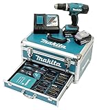 Makita DHP453RFX2 Akku-Schlagbohrschrauber 18 V / 3,0 Ah im Alukoffer + 96tlg. Zubehör-Set, Blau/Silber