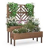 COSTWAY Blumenkasten mit Spalier aus Tannenholz, Gartenspalier mit 2 Rankkästen, Pflanzkasten für Kletterpflanzen, Hochbeet mit Rankgitter & Drainageloch, Blumenkübel für Garten Hof Balkon (Braun)