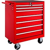 tectake Werkzeugwagen, Werkstattwagen, rollende Werkstatt, Werkzeugwagen leer, Werkzeugbox, 7 Schubfächer, 69 x 33 x 79 cm, Rollen mit Bremsen, inkl. 2 Schlüssel - rot