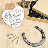 Hufeisen Glücksbringer Geschenk Set mit Hufeisen 4 Nägel Herzschild mit Motiv Viel Glück im Neuen Zuhause Einweihungsgeschenk