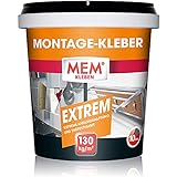 MEM Montage-Kleber Extrem, Pastöser Dispersionsklebstoff, Hohe Anfangshaftung und Endfestigkeit, Für verschiedene Untergründe, Lösemittelfrei, Inklusive Spachtel, 1 kg-Dose, Weiß