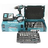 Makita DHP482JX13 Akku-Schlagbohrschrauber 18V / 3,0 Ah, 2 Akkus + Ladegerät im MAKPAC + 120-tlg. Zubehör-Set im MAKPAC Petrol/Schwarz