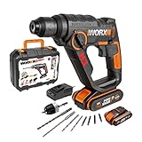 WORX WX390.1 Bohrhammer SDS-plus - 20V Bohrmaschine mit pneumatischem Hammerwerk zum Schrauben, Bohren und Hämmern – 1,2 Joule Schlagenergie – Mit 2 Li-Ion Akkus, Ladegerät und Koffer