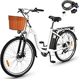 DYU EBike Elektrofahrrad,26 Zoll Fahrrad Elektro mit 6-Gang Shimano Kettenschaltung,12.5Ah 36V Abnehmbarer Akku,Sitzhöhe Verstellbar,City Bike mit Korb für Erwachsene City Pendler (Weiß)