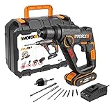 WORX WX390 Bohrhammer SDS-plus - 20V Bohrmaschine mit pneumatischem Hammerwerk zum Schrauben, Bohren und Hämmern – 1,2 Joule Schlagenergie – Mit 2,0Ah Li-Ion Akku, Ladegerät und Koffer