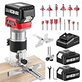 Avhrit Akku Kantenfräser mit 2 x 4.0Ah Batterien, Akku Oberfräse, bürstenloser, tragbarer Handfräser für die Holzbearbeitung, Akku-Holztrimmer mit 15-teiligem 1/4'-Fräser-Set