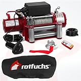 ROTFUCHS Elektrische Seilwinde 12v mit Funkfernbedienung & Schutzhülle – 5909 kg 13000 lbs, 6 PS Power Offroad 4x4 Motorwinde Umlenkrolle Forst Seilzug mit Stahlseil