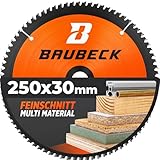 BAUBECK Sägeblatt 250x30 - Multi Material Feinschnitt - Sägeblatt 250x30 Holz, Aluminium, Metall uvm. - Kreissägeblatt 250x30 kompatibel mit allen 250er Kappsägen und Tischkreissägen