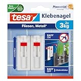 tesa Klebenagel Fliesen&Metalll, verstellbar, 2 Stück - anpassbarer Klebenagel für glatte und feste Oberflächen in Bad und Küche, 3 kg Haltekraft - ablösbar und wiederverwendbar