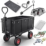 ONBEST Bollerwagen mit klapp-baren Seitenwänden – Gartenwagen für 550 kg Zuladung – groß er 205 Liter Gitterkorb aus Metall – Transportwagen – Lasten-Wagen – Outdoor – schwarz – Plus 12x Spanngummis