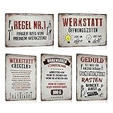 ESFIVHO 5er Set Retro Blechschild Werkstatt Regel Handwerker Lustiger Spruch - Öffnungszeiten Licht - Regel Nr.1 Finger Weg Werkzeug - Geduld ist was für Anzugträger - Garage Metall-schild Geschenk