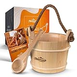 ALPENHAUCH Sauna Eimer mit Kelle [100% Naturholz] - Edler Saunakübel mit komfortablem Hanftrageseil - Langlebiges Sauna Zubehör - Aufgusseimer Set inkl. Praktischem Büchlein - Wellness Saunaeimer Set