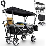 ONBEST Bollerwagen faltbar - Plus Regenschutz - Faltbollerwagen mit Dach 100 kg Zuladung – Sonnenschutz Dach – Kühltasche – Becherhalter – Outdoor – klappbarer Strandbollerwagen (Schwarz)