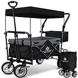 KESSER® Bollerwagen faltbar GT9000 mit Dach Handwagen Transportwagen | inkl. 2X 3-Punkt Gurtsystem| klappbar | Vollgummi-Reifen | bis 80 kg | Vorder- und Hinter-Bremse + Tragetasche, Schwarz/Grau