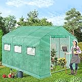 LZQ Gewächshaus Foliengewächshaus 4,5x2x2m Tomaten Winterfest, Folientunnel mit Gitternetzfolie und Fernster, Stahlfundament, Schrägdach Erdanker, Frostschutz für Garten Pflanzenhaus, Grün